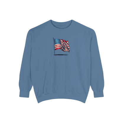 Patriotic Unisex Garment-Dyed Sweatshirt with Vintage American Flag, Cozy Fall Outfit, Statement Sweater, Gift for Veterans, Casual Fashion - TRV
