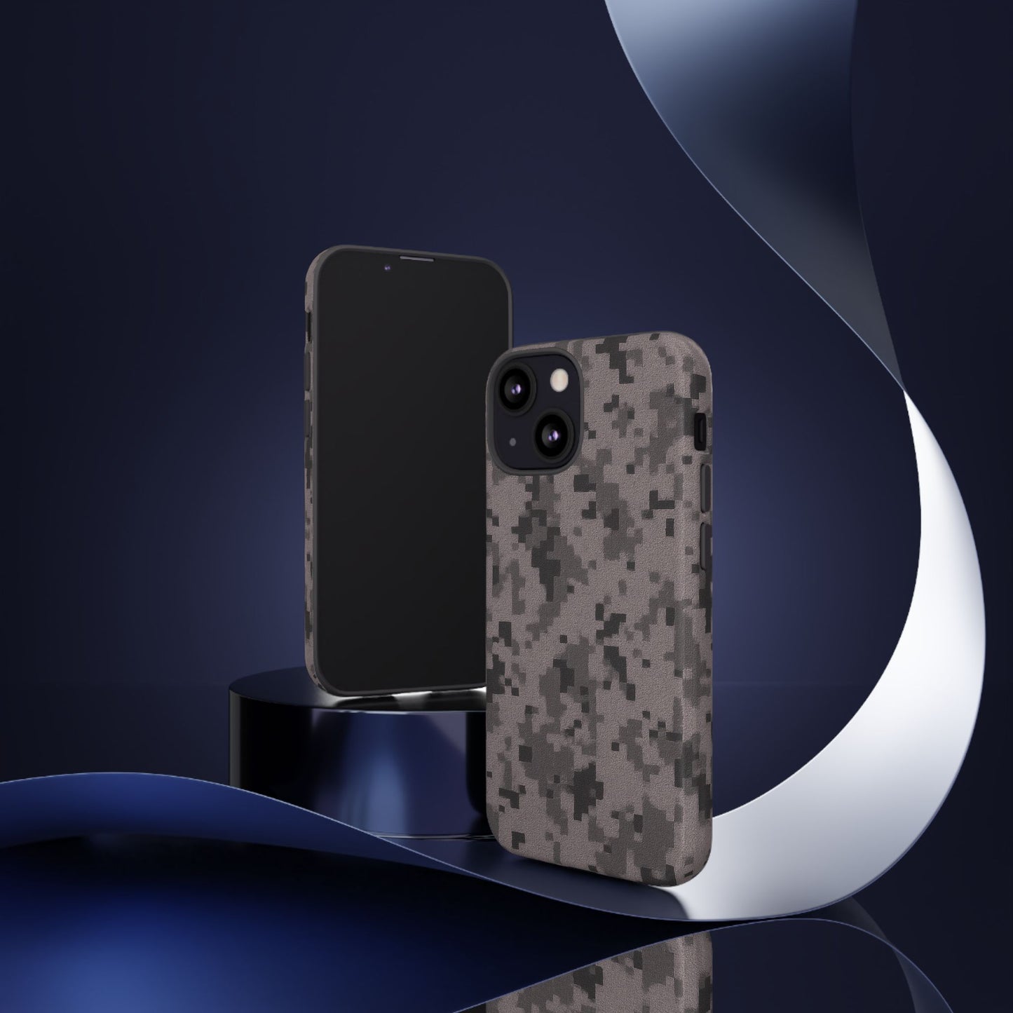 Gray digital camouflage phone case by Printify, rugged protective cover for smartphones with a tough, stylish camouflage design.