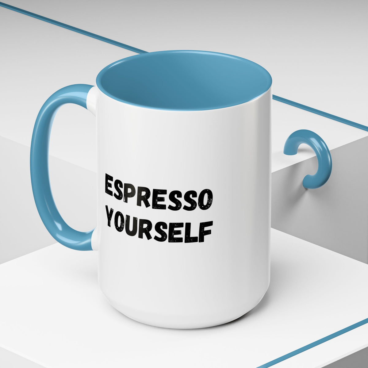 White ceramic coffee mug with "Espresso Yourself" humorous text, 11 oz, ideal for coffee lovers, by Printify.