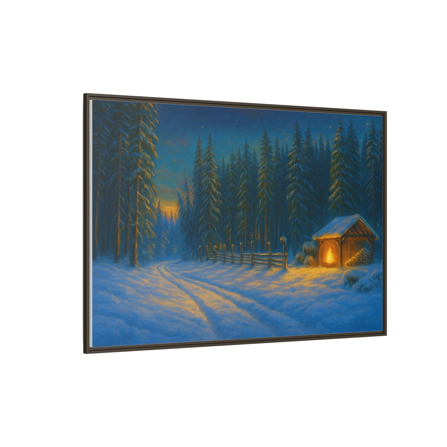 Cozy winter cabin canvas wall art by Printify featuring a snowy forest evening scene in a matte framed print.