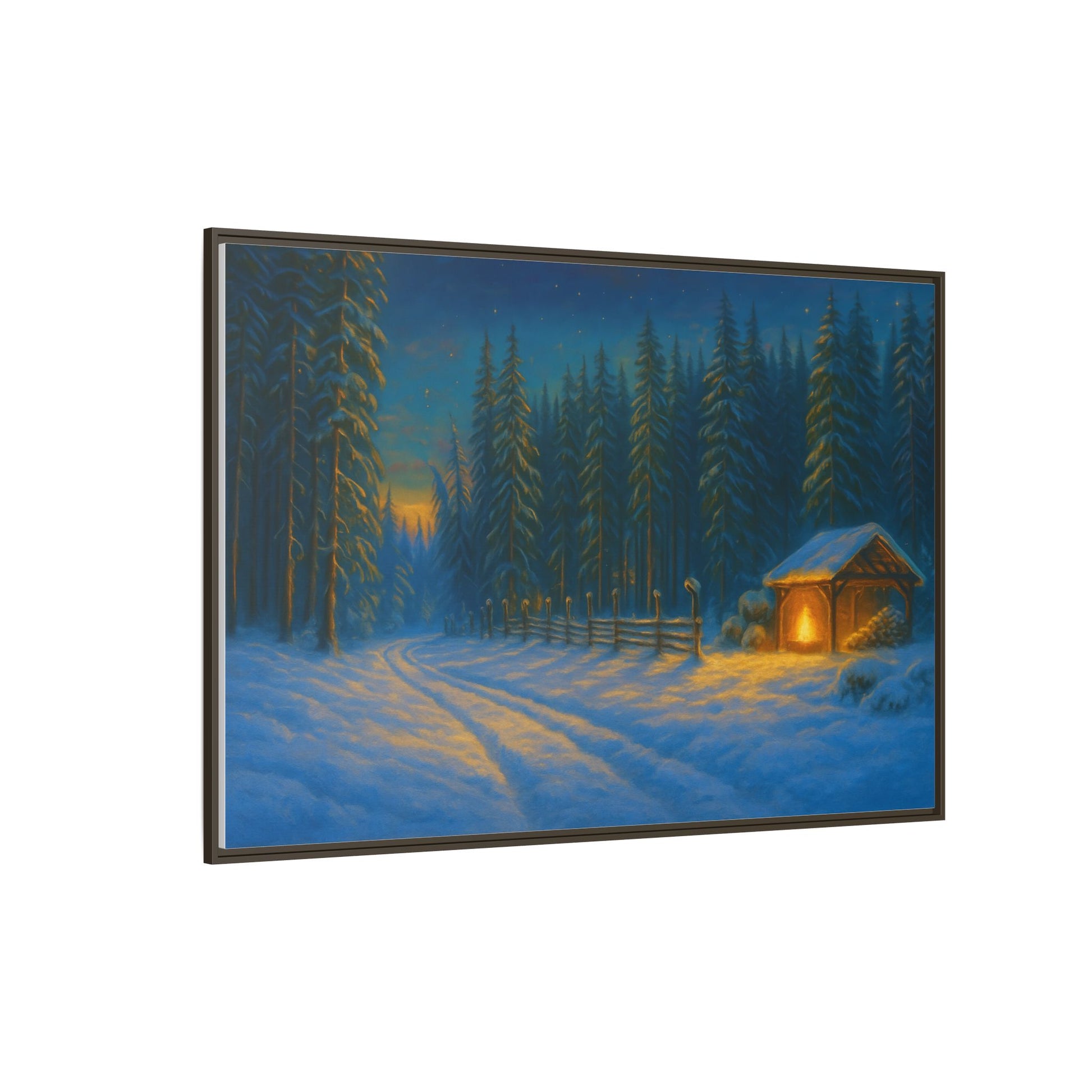 Cozy winter cabin canvas wall art by Printify featuring a snowy forest evening scene in a matte framed print.