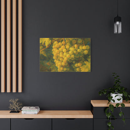 Yellow grape cluster canvas print by Printify, featuring realistic bunch of yellow grapes on a textured canvas background.