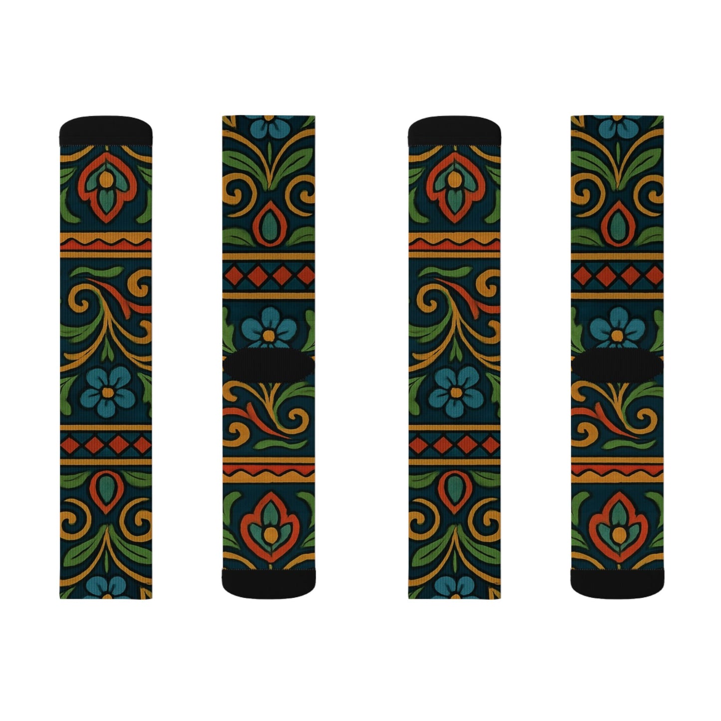 Victorian floral tile patterned sublimation crew socks by Printify featuring vibrant all-over floral print design.