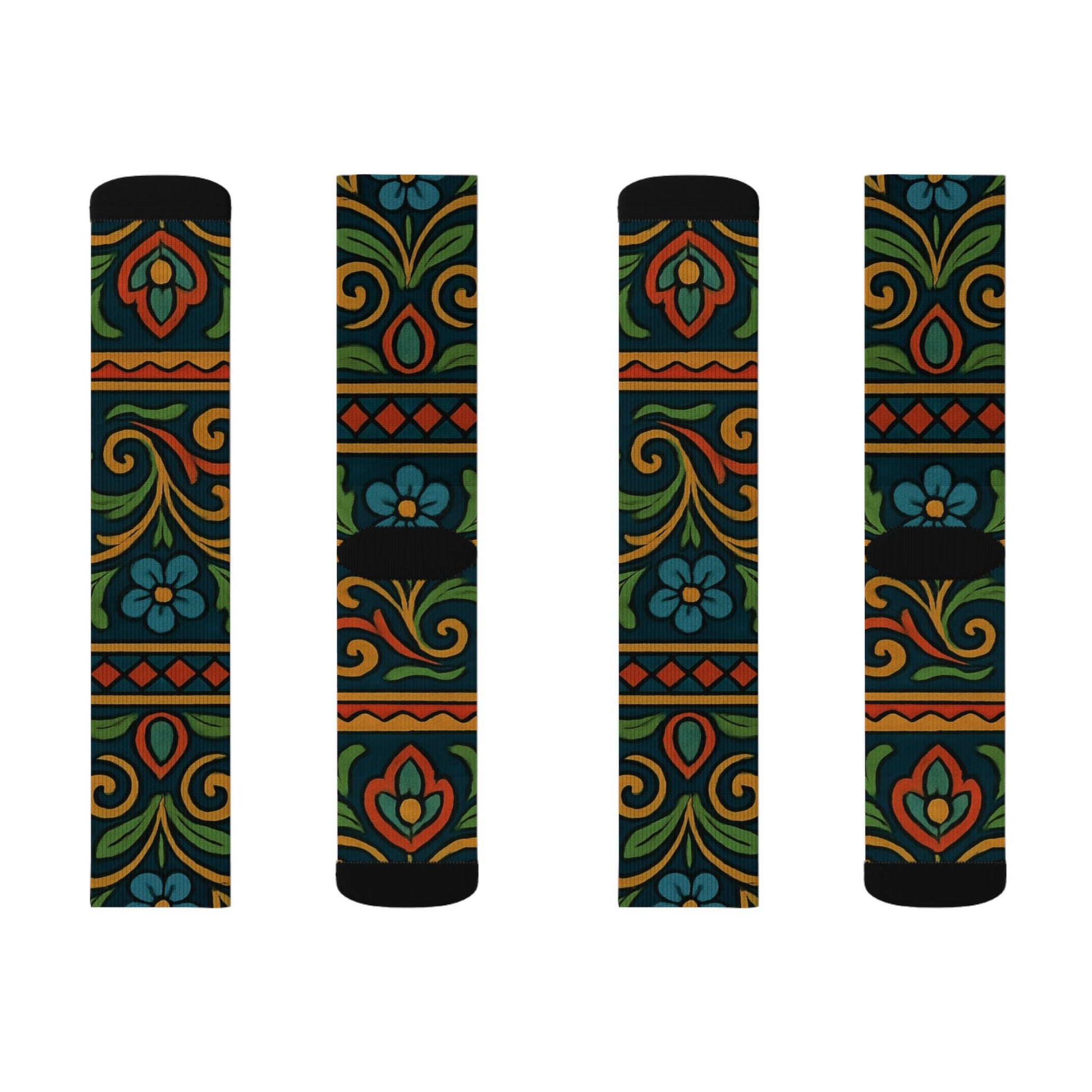 Victorian floral tile patterned sublimation crew socks by Printify featuring vibrant all-over floral print design.