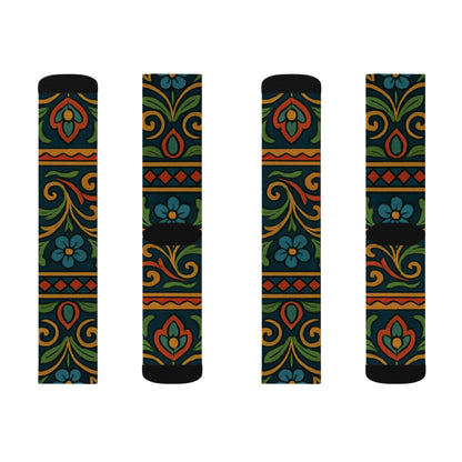 Victorian floral tile patterned sublimation crew socks by Printify featuring vibrant all-over floral print design.