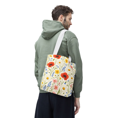 Wildflower Poppy print tote bag with floral all-over pattern by Printify, showing a spacious fabric bag with colorful poppy flowers.