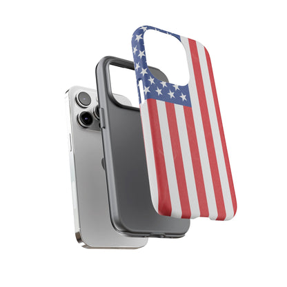 American flag tough phone case for iPhone and Samsung, patriotic protective cover with bold flag design by Printify.