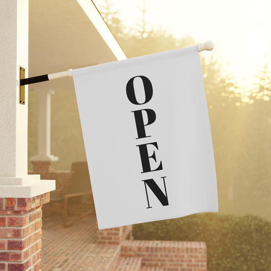 Open for Business garden flag with welcome yard sign, featuring colorful garden and house design by Printify.