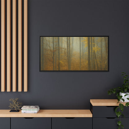 Framed matte canvas wall art of a misty autumn forest, featuring vibrant fall colors and detailed tree silhouettes.