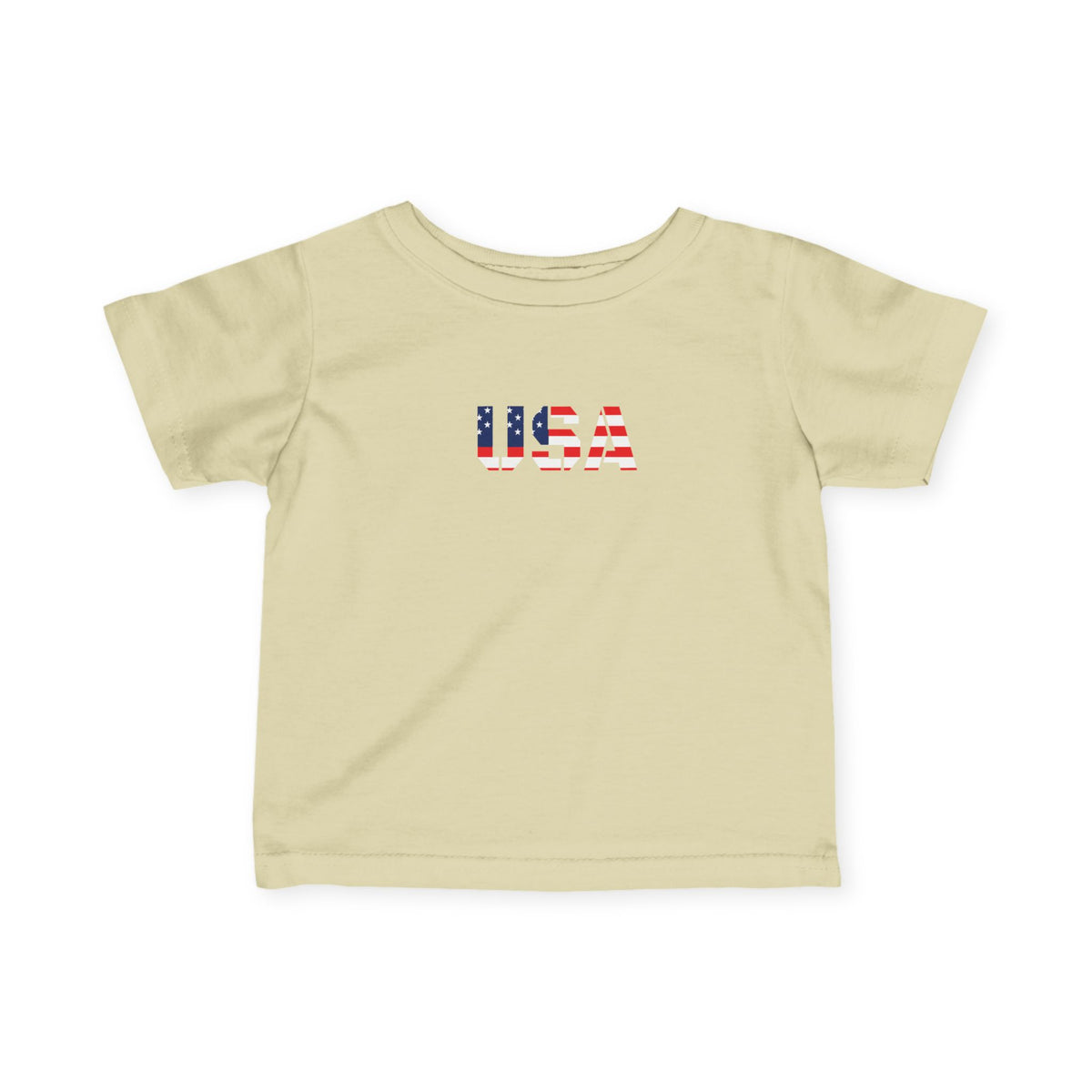 Infant baby shirt with USA flag block print, colorful kids clothing from Printify, featuring a patriotic design on soft fabric.