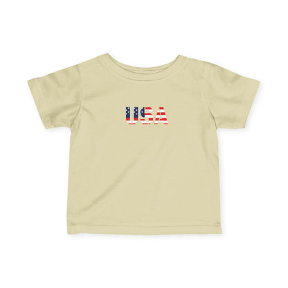 Infant baby shirt with USA flag block print, colorful kids clothing from Printify, featuring a patriotic design on soft fabric.