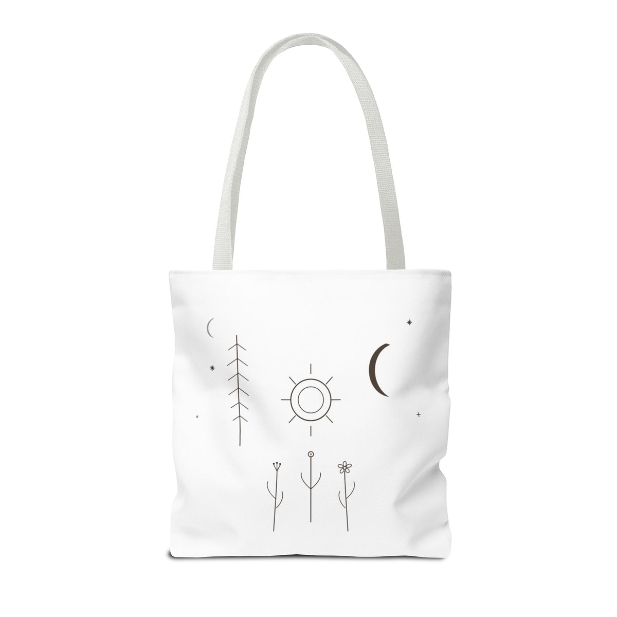 Minimal Moon and Sun botanical tote bag featuring celestial line art design, casual everyday carry bag by Printify.