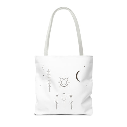 Minimal Moon and Sun botanical tote bag featuring celestial line art design, casual everyday carry bag by Printify.