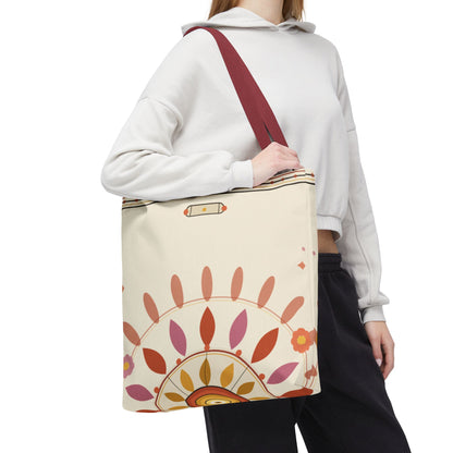 Boho floral mandala tote bag with pastel sunburst pattern, featuring a colorful, artistic design on a canvas bag.