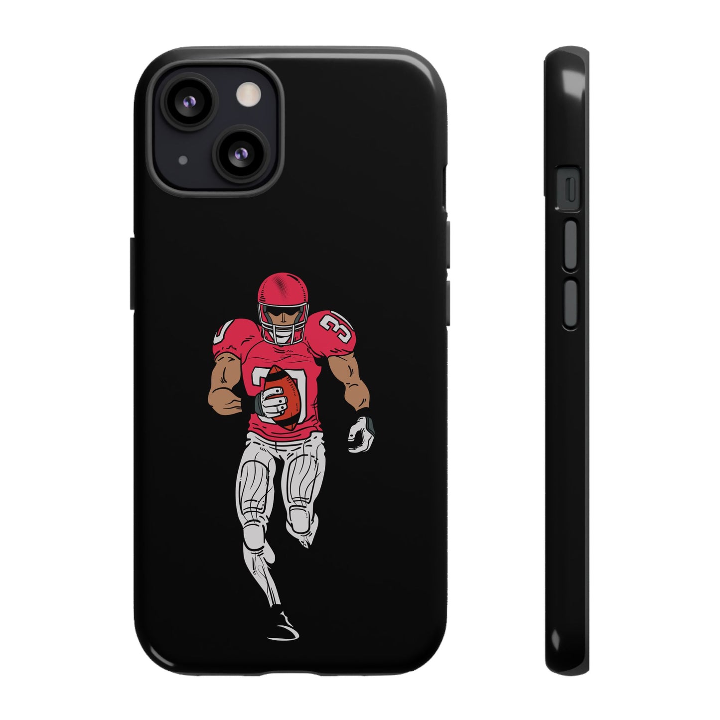 Black protective phone case featuring football player design, compatible with iPhone models, by Printify.