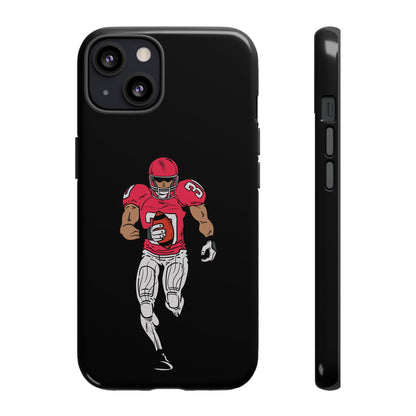 Black protective phone case featuring football player design, compatible with iPhone models, by Printify.