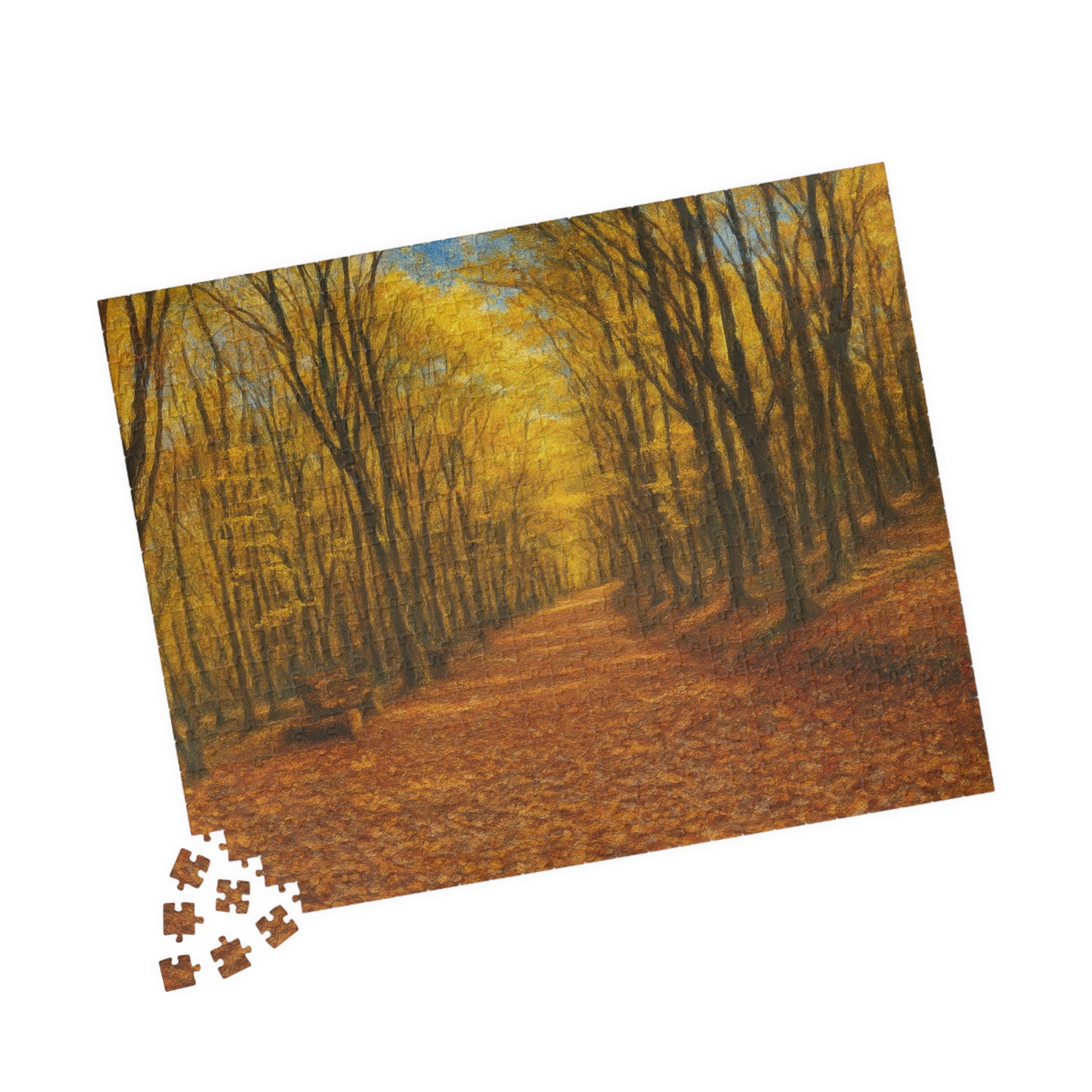 520-piece Autumn Forest Path puzzle by Printify featuring fall trees and vibrant autumn scenery.