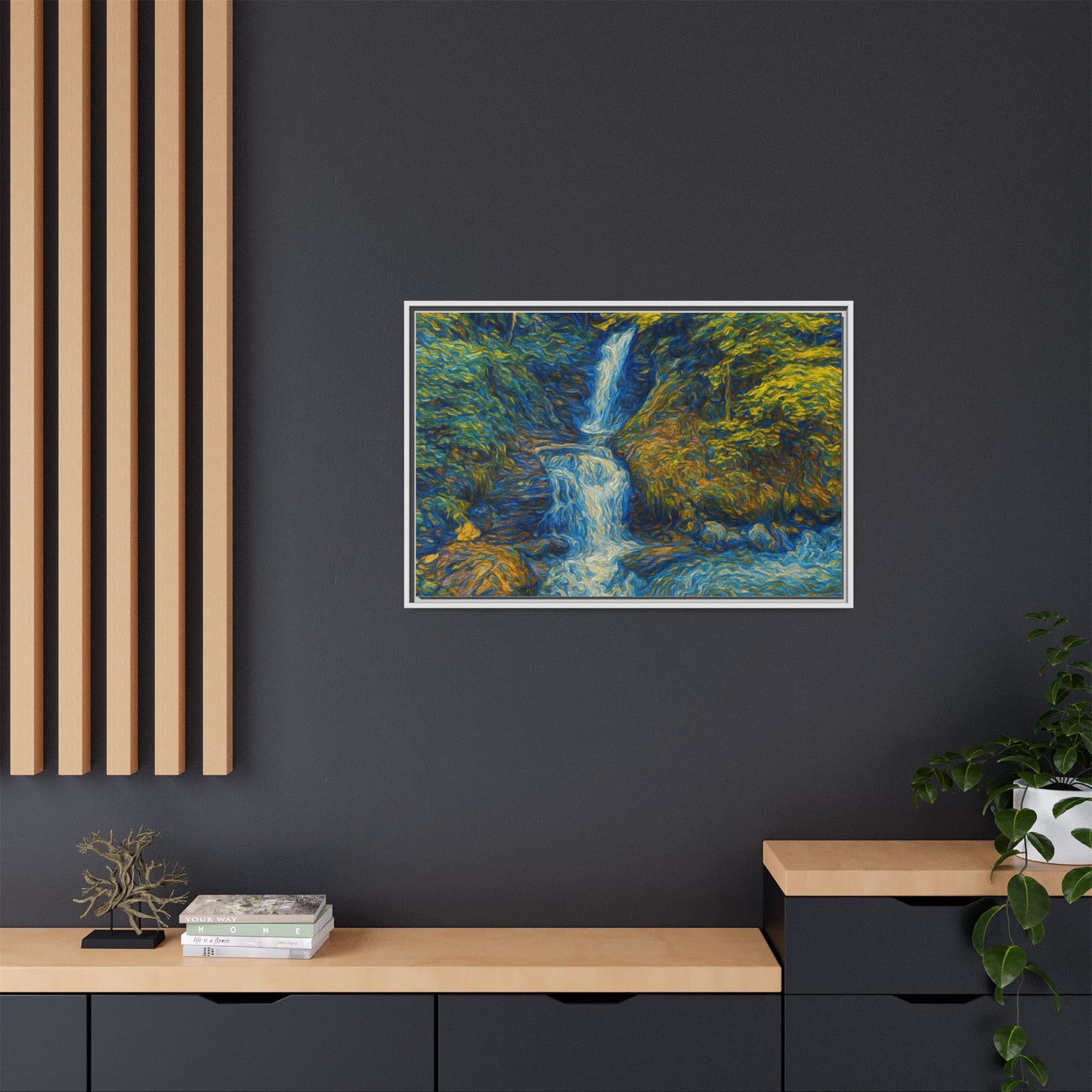 Framed matte canvas print of impressionist waterfall wall art by Printify, showcasing vibrant colors and textured brushstrokes.