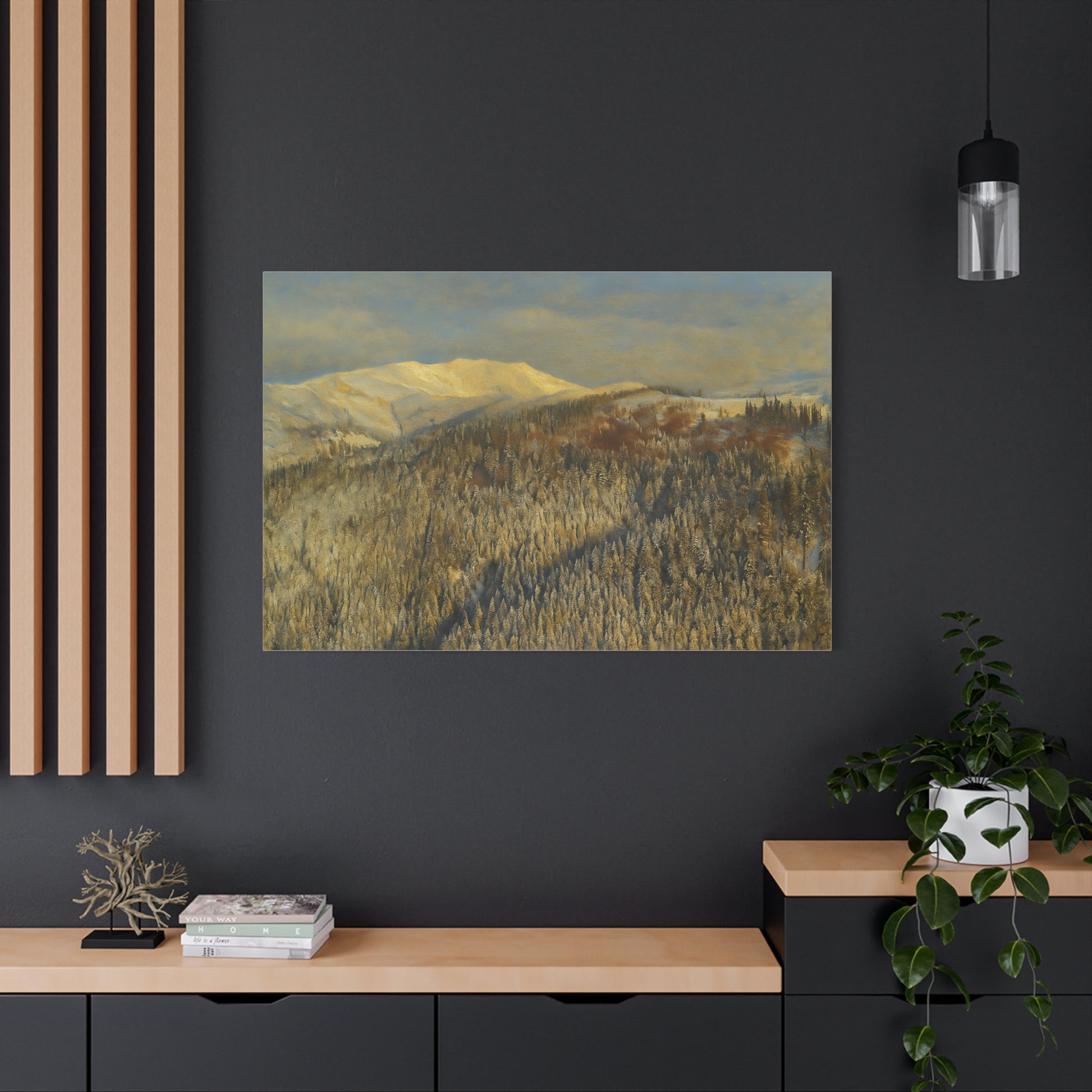 Winter mountain landscape matte canvas print by Printify, stretched on 1.25-inch frame, featuring a scenic snowy mountain view.