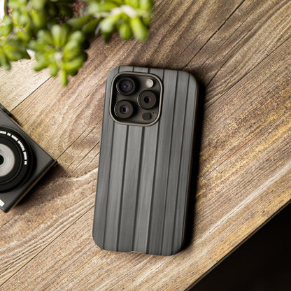 Printify ribbed metal texture iPhone case showing a tough, protective phone cover with metallic ridges and sleek design.