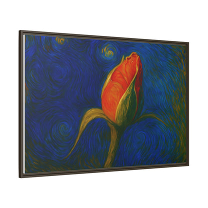 Red rose bud painting on canvas framed as matte wall art by Printify, featuring vibrant red roses and elegant floral details.