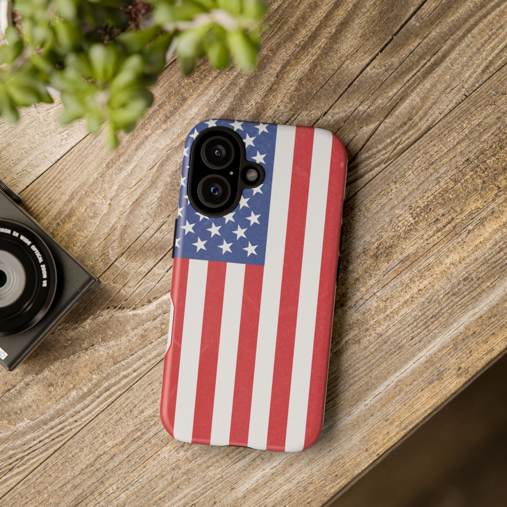 American flag tough phone case for iPhone and Samsung with patriotic design, durable protective cover by Printify.