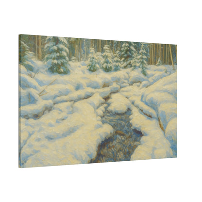 Snowy forest stream winter landscape canvas wall art by Printify, depicting a serene snow-covered forest scene with a flowing stream.