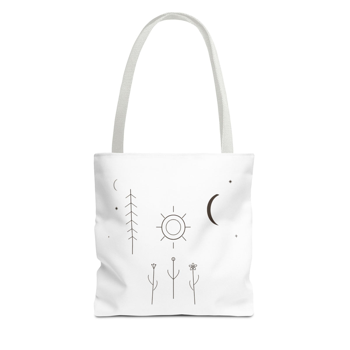 Minimal Moon and Sun botanical tote bag with celestial line art design, made by Printify, featuring a natural canvas appearance.