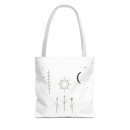 Minimal Moon and Sun botanical tote bag with celestial line art design, made by Printify, featuring a natural canvas appearance.