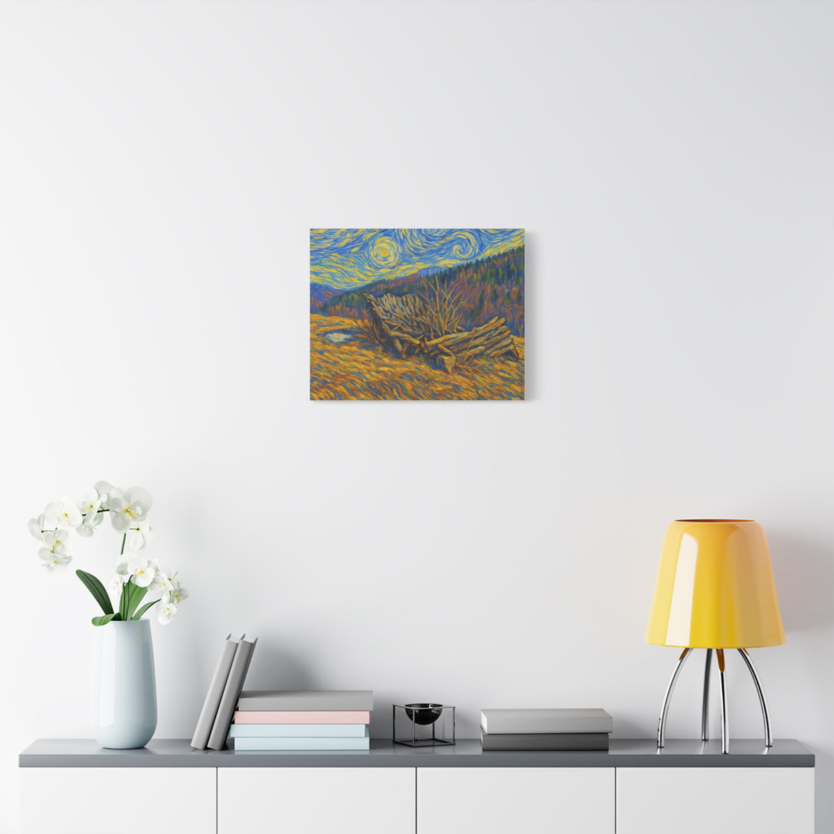 Impressionist Starry Landscape canvas print by Printify featuring a vibrant night sky scene with stars and rolling hills.