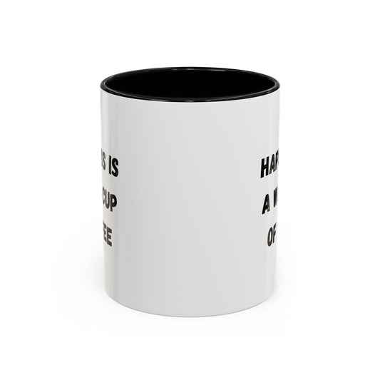 Printify ceramic coffee mug with "Happiness Is A Warm Cup Of Coffee" quote, featuring a white background and printed design.