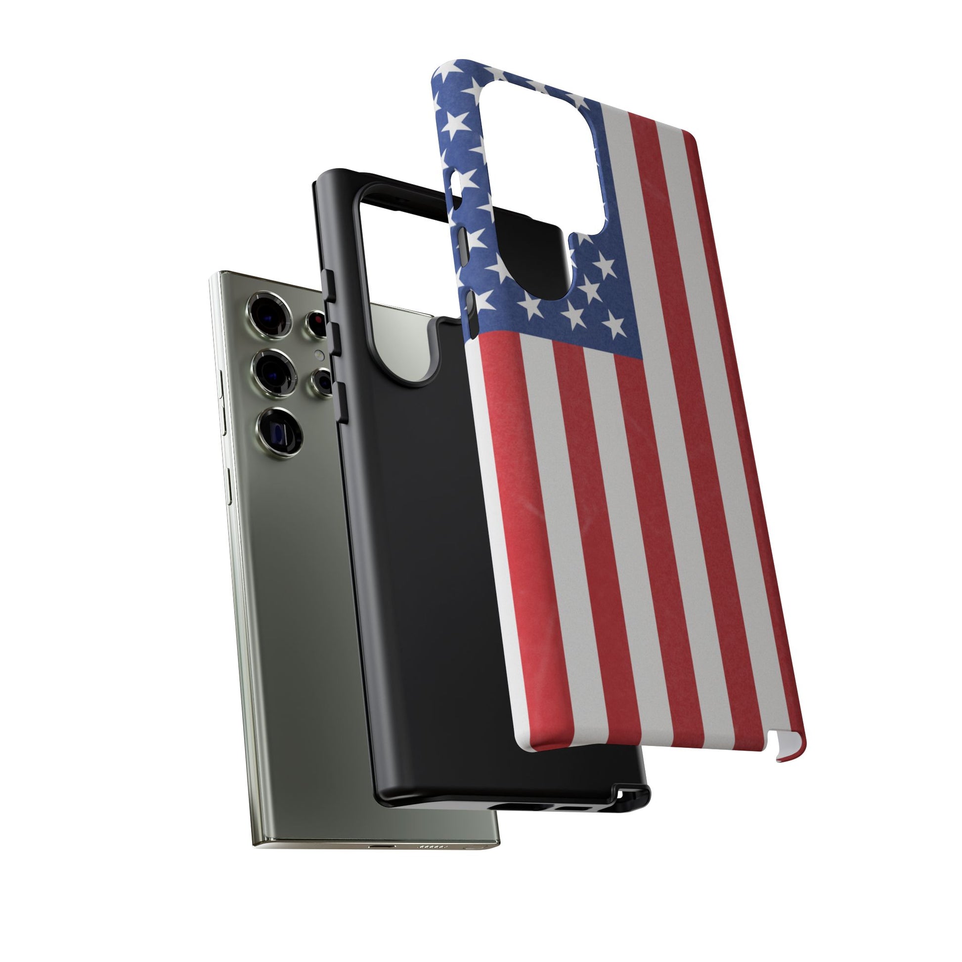 American flag tough phone case for iPhone and Samsung, patriotic protective cover with bold flag design by Printify.