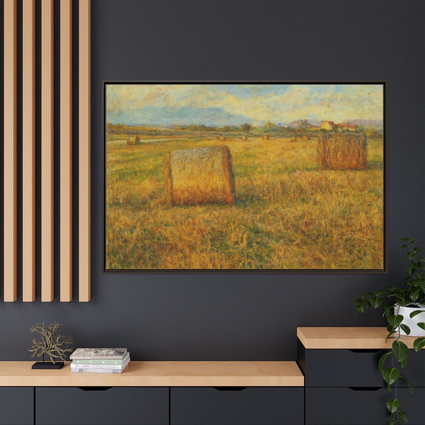 Framed matte canvas wall art featuring a rustic hayfield landscape print by Printify, ideal for farmhouse or rustic decor.