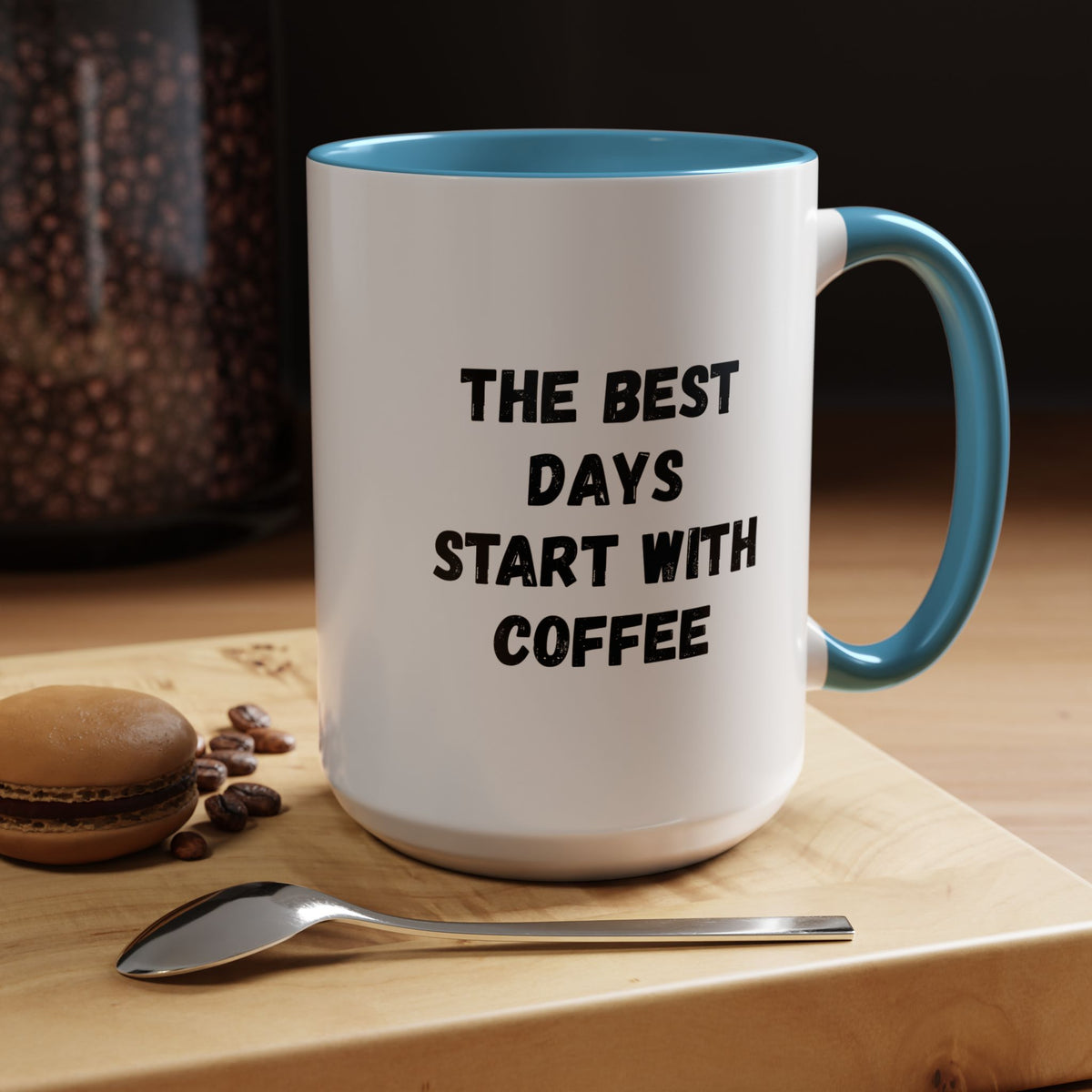 Ceramic coffee mug with "The Best Days Start With Coffee" print, 11oz size, featuring a white background and colorful lettering.