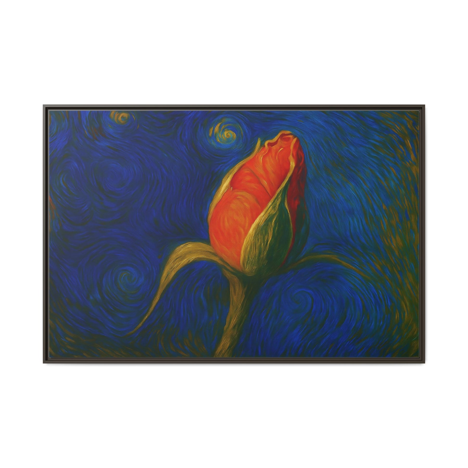 Red rose bud painting on framed canvas, matte wall art by Printify showcasing vibrant floral artwork.