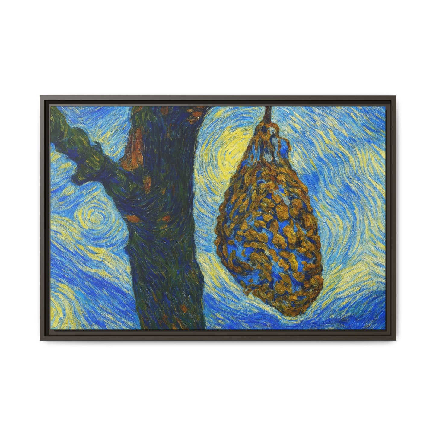 Framed matte canvas art of a starry nut cluster in a dried plum tree, printed by Printify, hanging on a wall.