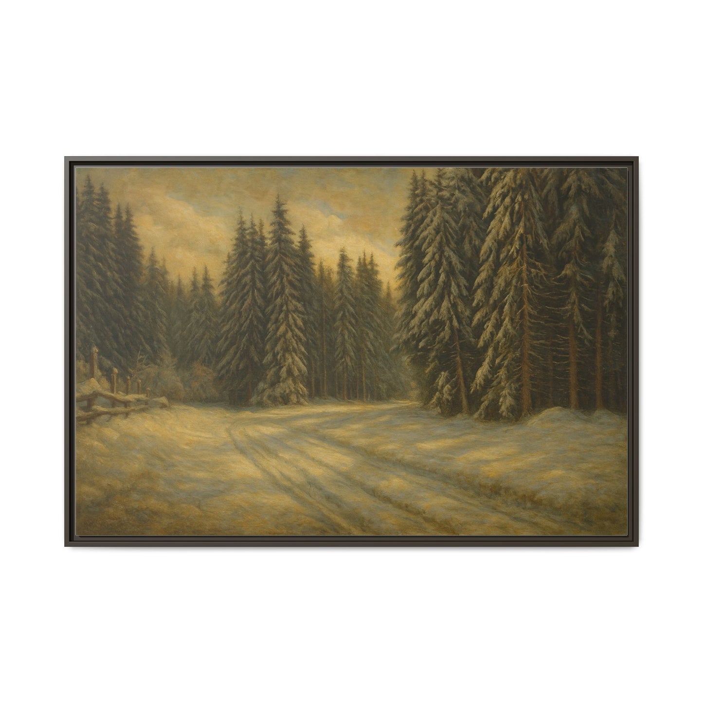 Framed matte canvas wall art of a winter forest landscape, featuring snow-covered trees and tranquil nature scene.