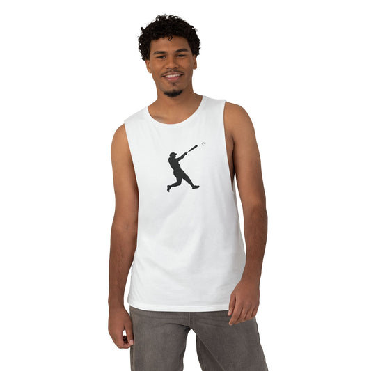 Black baseball batter silhouette tank top by Printify, minimal sports muscle tee with sporty graphic design on front.