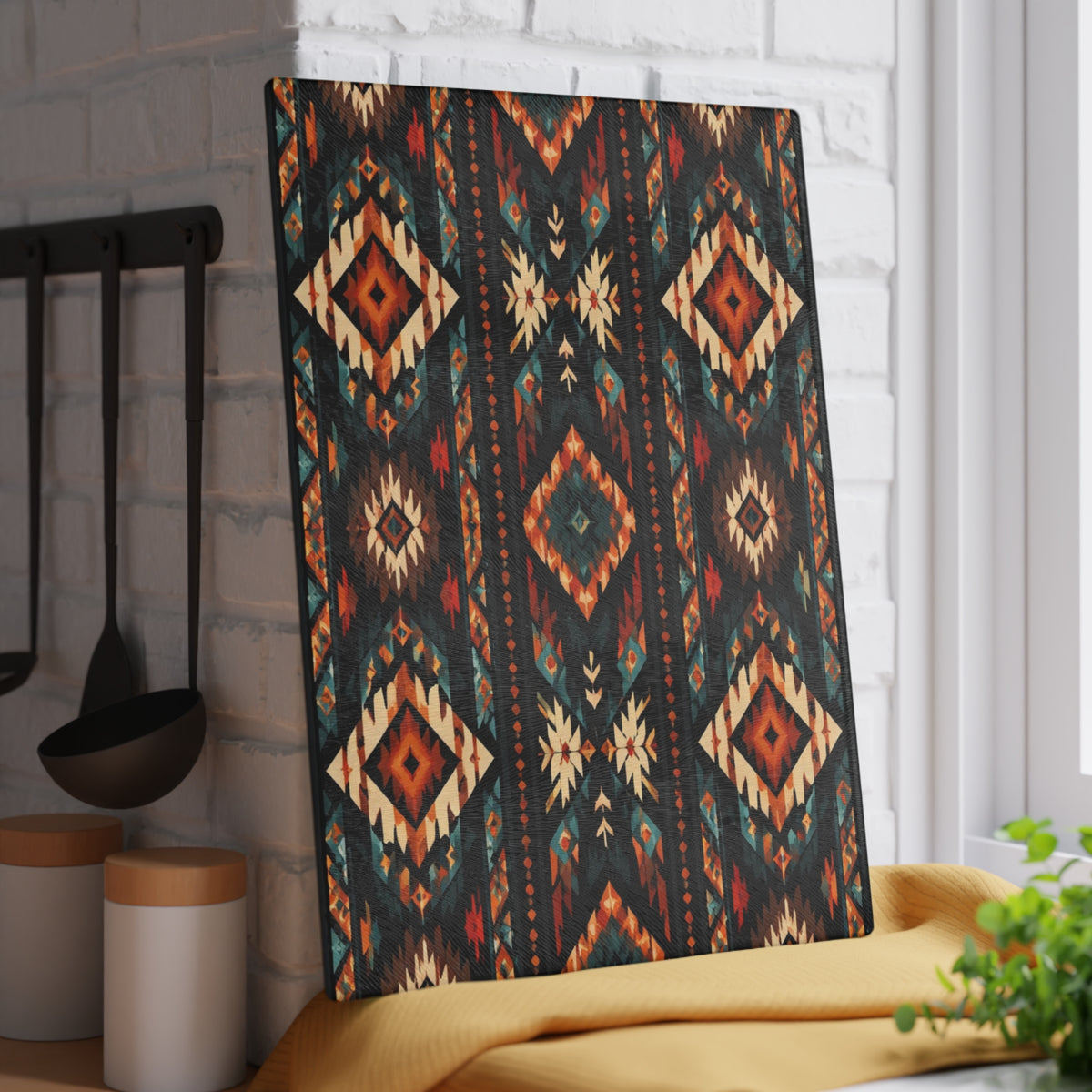 Southwest Aztec Glass Cutting Board – Rustic Tribal Pattern Kitchen Board