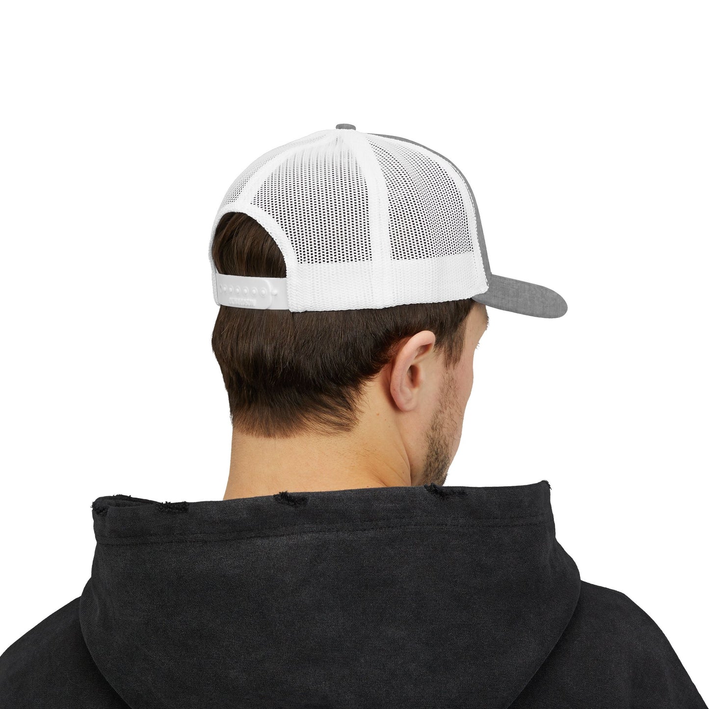 Vintage baseball snapback trucker cap with batter silhouette design, stylish hat by Printify featuring adjustable fit and classic trucker style.