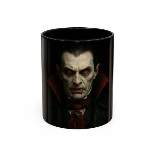 Gothic vampire portrait coffee mug with Dracula design, 11oz or 15oz size, Halloween-themed drinkware by Printify