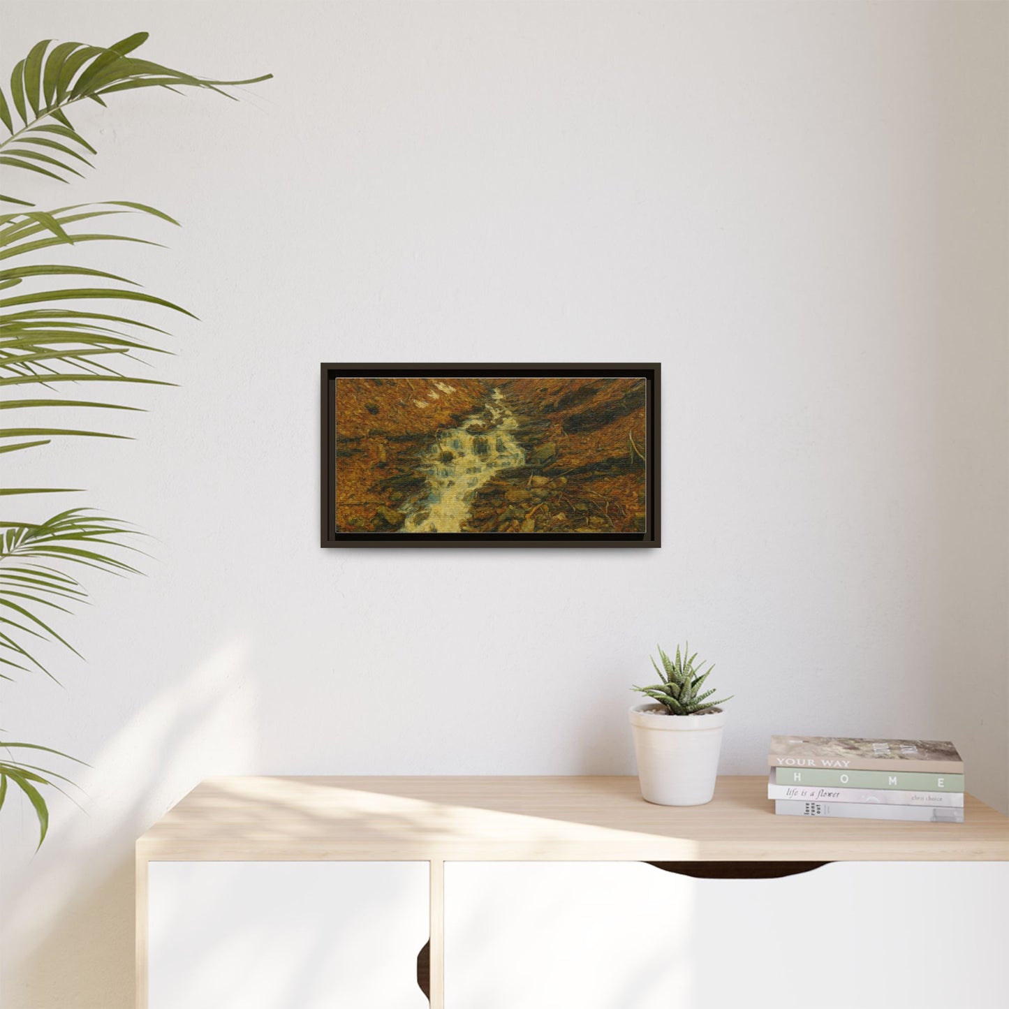 Framed matte canvas print of autumn stream landscape artwork by Printify, showcasing vibrant fall colors and serene water scene.