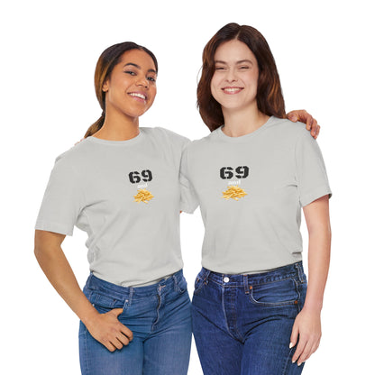 Unisex graphic T-shirt featuring a humorous 69 and French fries design in vibrant colors on soft fabric.