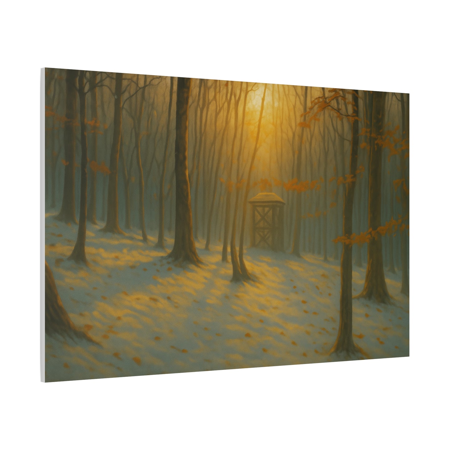 Matte stretched canvas art print of a misty forest sunrise, showcasing nature scene in vibrant colors by Printify.