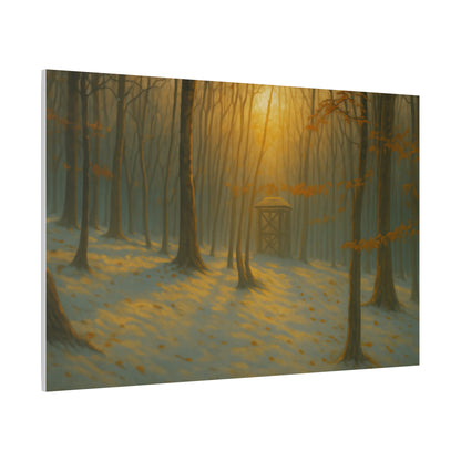 Matte stretched canvas art print of a misty forest sunrise, showcasing nature scene in vibrant colors by Printify.