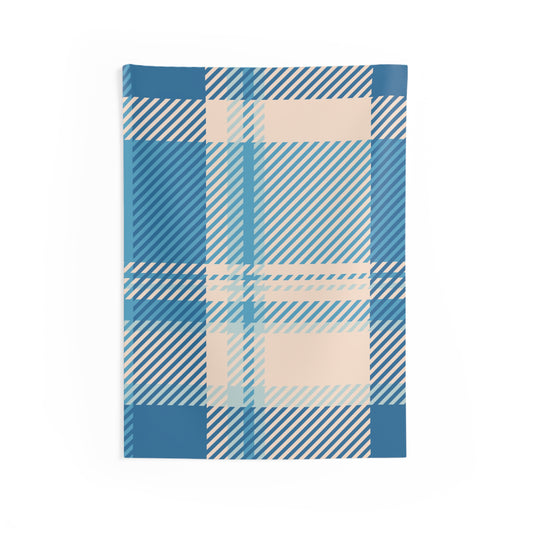 Blue plaid wall tapestry with cozy denim check pattern, ideal for indoor decor and wall decoration.