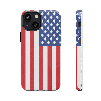 American flag tough phone case for iPhone by Printify, featuring a durable patriotic design with bold red, white, and blue colors.