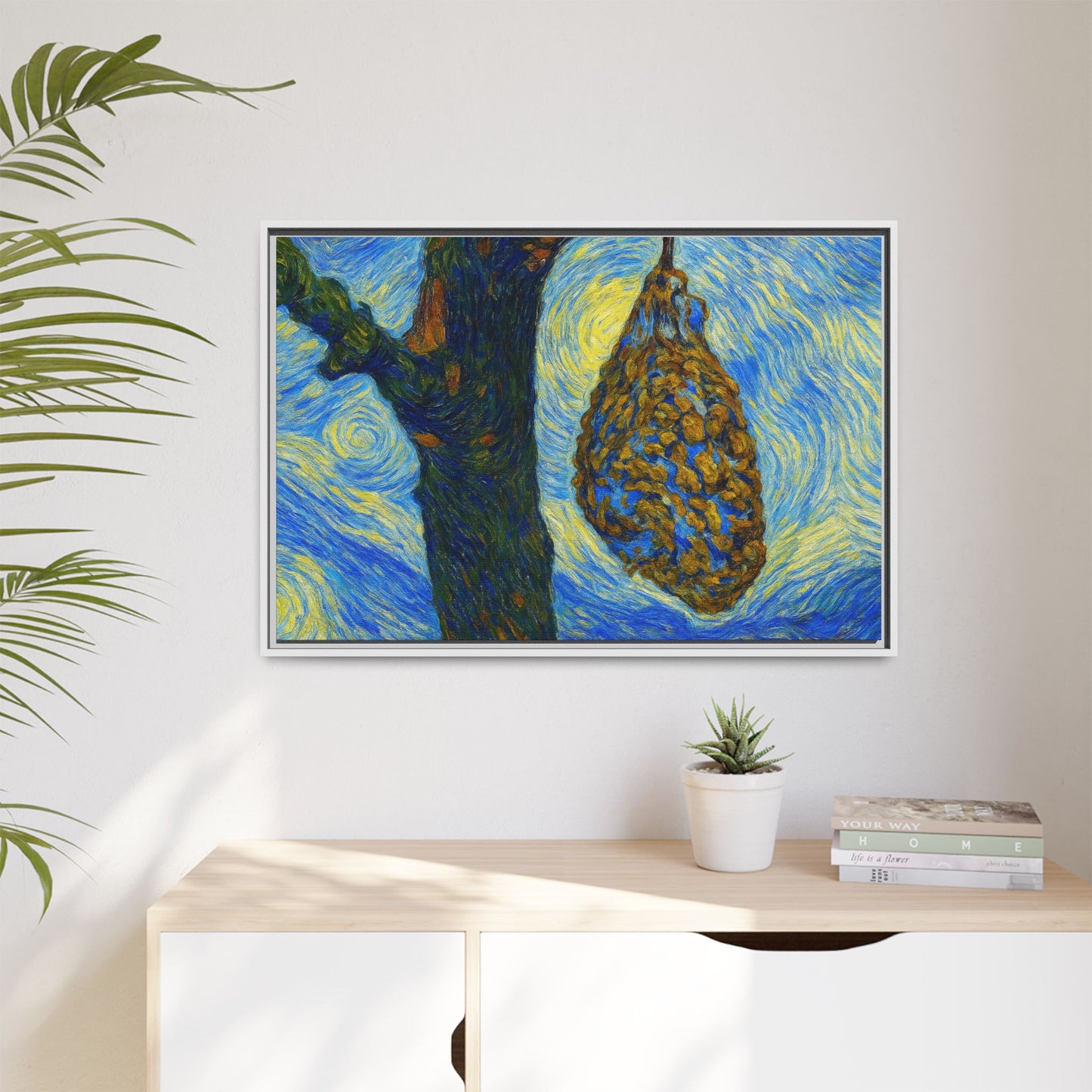 Framed matte canvas art of a starry nut cluster with dried plum in a tree, showcasing nature-inspired artwork by Printify.