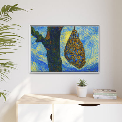 Framed matte canvas art of a starry nut cluster with dried plum in a tree, showcasing nature-inspired artwork by Printify.