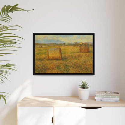 Framed matte canvas wall art featuring a rustic hayfield landscape print by Printify